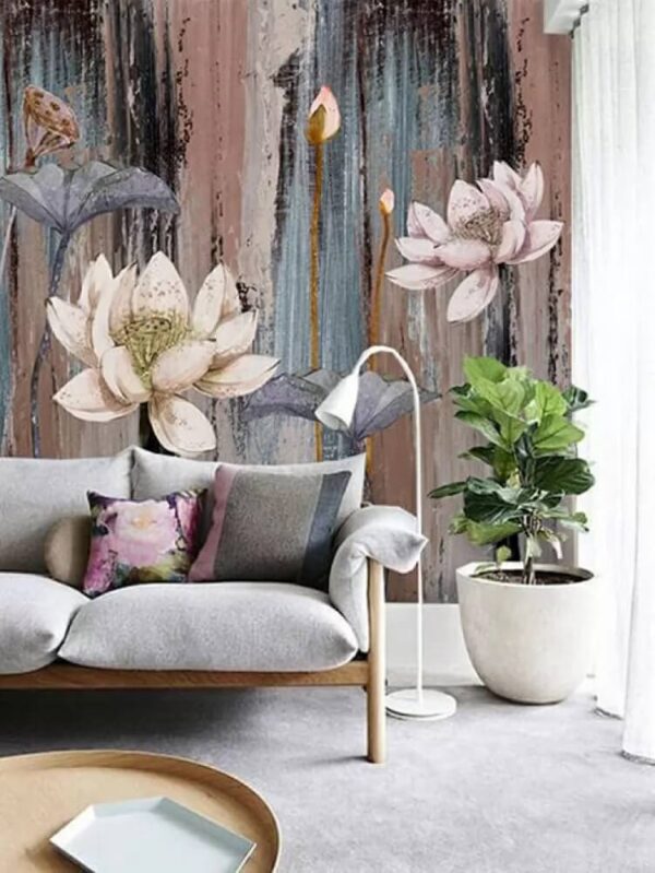 Schilderij van bloemen op een houten oppervlak Fotobehang Schilderij van bloemen op een houten oppervlak