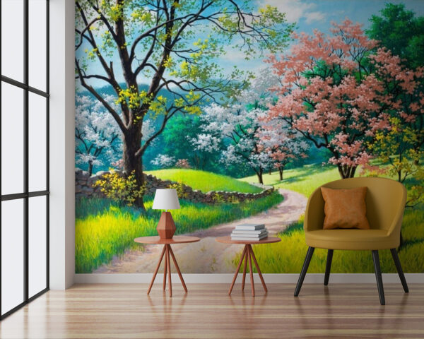 Fotobehang Zandweg door een grasveld met bomen (Artikelnummer: u12301) Fotobehang Fotobehang Zandweg door een grasveld met bomen (Artikelnummer: u12301)