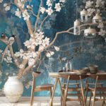 Fotobehang Witte bloem op blauwe achtergrond