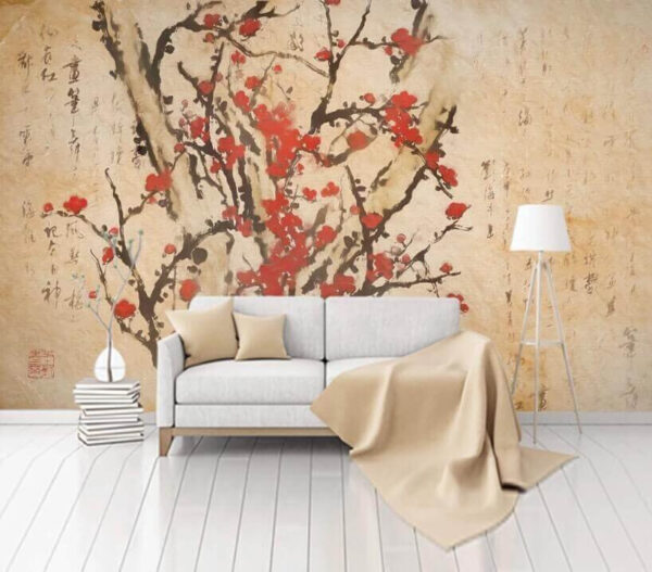 Schilderij van een boom met rode bloemen Fotobehang Schilderij van een boom met rode bloemen