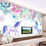 Fotobehang Aquarel eenhoorns en bloemen