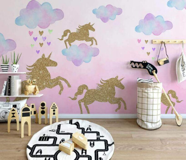 Eenhoorns en wolken met hartjes en wolken Fotobehang Eenhoorns en wolken met hartjes en wolken