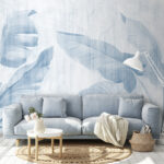 Fotobehang Blauwe bananenbladeren met getextureerde achtergrond.