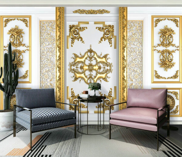 Fotobehang Witte en gouden muur met sierlijke ontwerpen