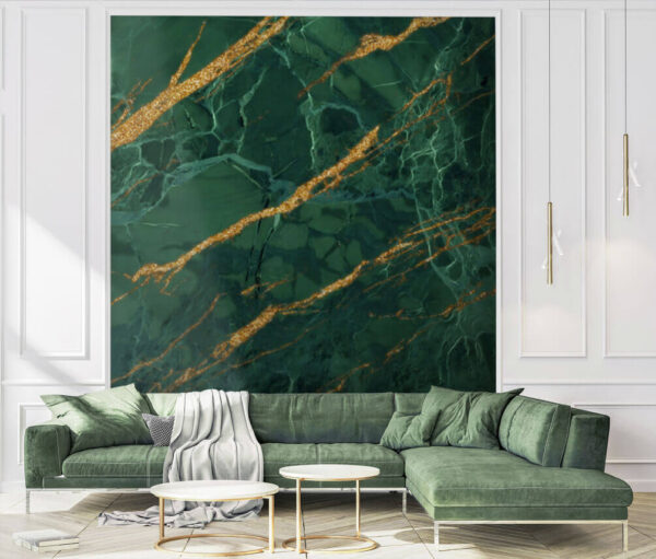 Smaragdgroene steen gestreept met ingewikkelde lijnen Fotobehang Smaragdgroene steen gestreept met ingewikkelde lijnen