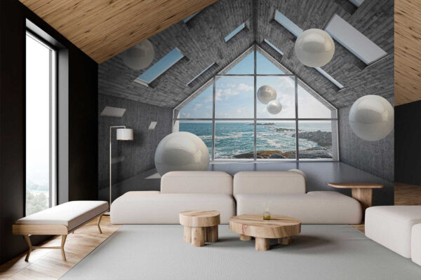 Witte bol in een betonnen kamer Fotobehang Witte bol in een betonnen kamer