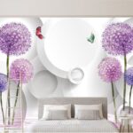 Fotobehang Behang met paarse bloemen en vlinders
