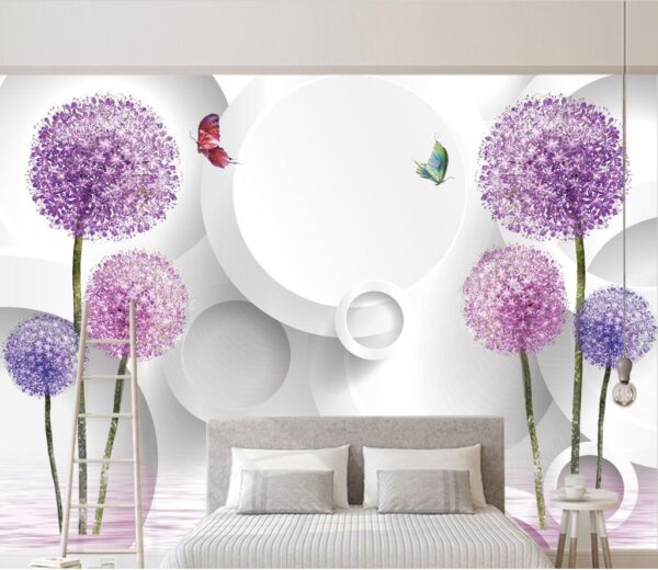 Behang met paarse bloemen en vlinders Fotobehang Behang met paarse bloemen en vlinders