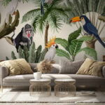 Fotobehang Patroon van tropische planten en vogels