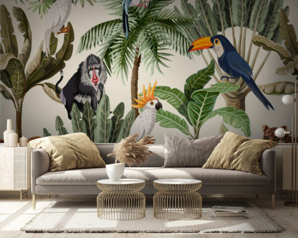 Patroon van tropische planten en vogels Fotobehang Patroon van tropische planten en vogels