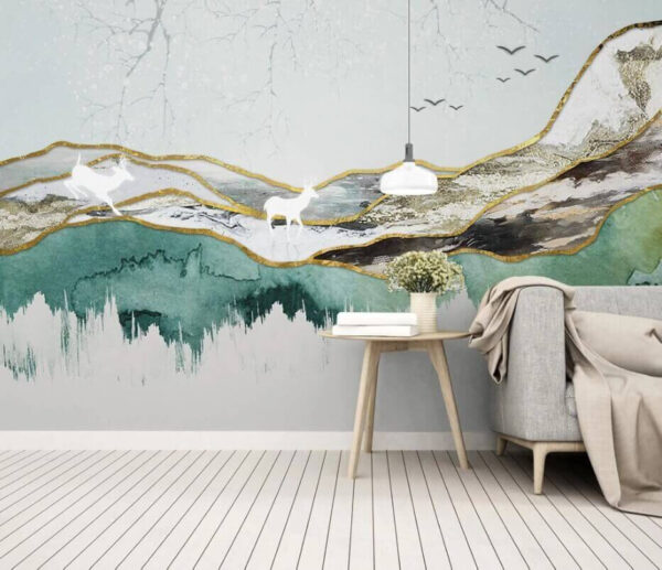 Fotobehang Schilderij van een hert en bergen