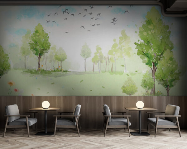 Groen veld met bomen en vogels in de lucht Fotobehang Groen veld met bomen en vogels in de lucht