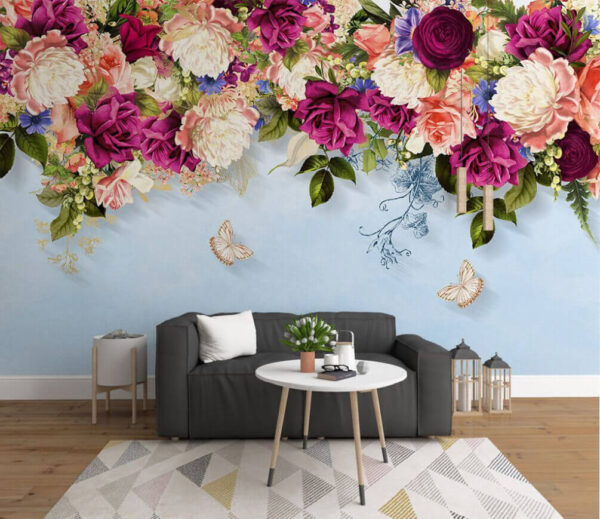 Groep bloemen met vlinders Fotobehang Groep bloemen met vlinders