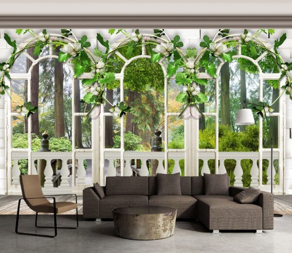 Witte deur met witte bloemen en groene bladeren Fotobehang Witte deur met witte bloemen en groene bladeren