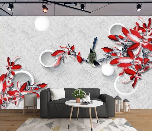 Fotobehang Behang met een vogel op een tak