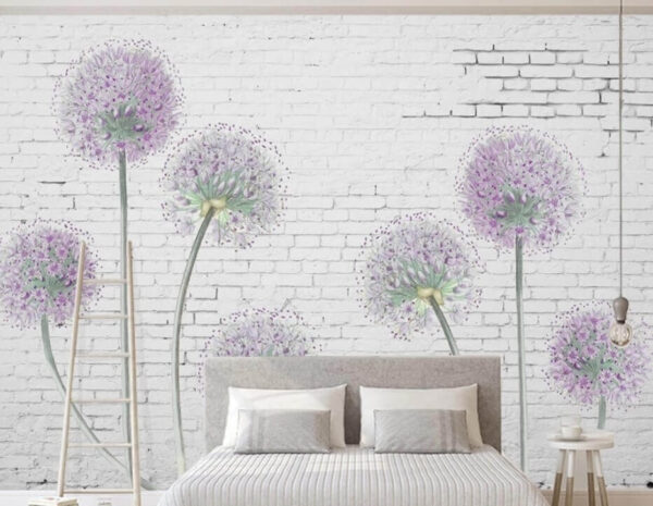 Bloesems tegen witte bakstenen achtergrond Fotobehang Bloesems tegen witte bakstenen achtergrond