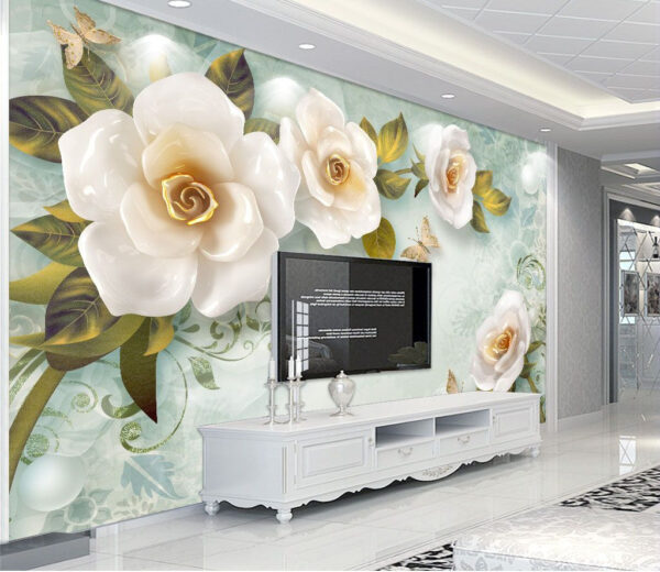 Witte bloemen en een vlinder Fotobehang Witte bloemen en een vlinder