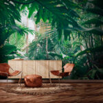 Fotobehang Weelderig gebladerte in de jungle in het zonlicht