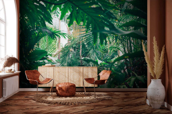 Weelderig gebladerte in de jungle in het zonlicht Fotobehang Weelderig gebladerte in de jungle in het zonlicht