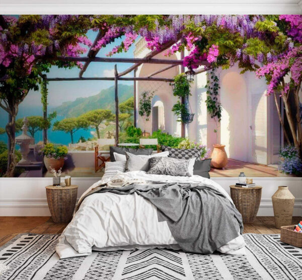 Pot met paarse bloemen Fotobehang Pot met paarse bloemen