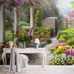 Fotobehang Betoverend tuinpad met bloemen.