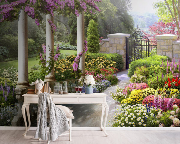 Betoverend tuinpad met bloemen Fotobehang Betoverend tuinpad met bloemen
