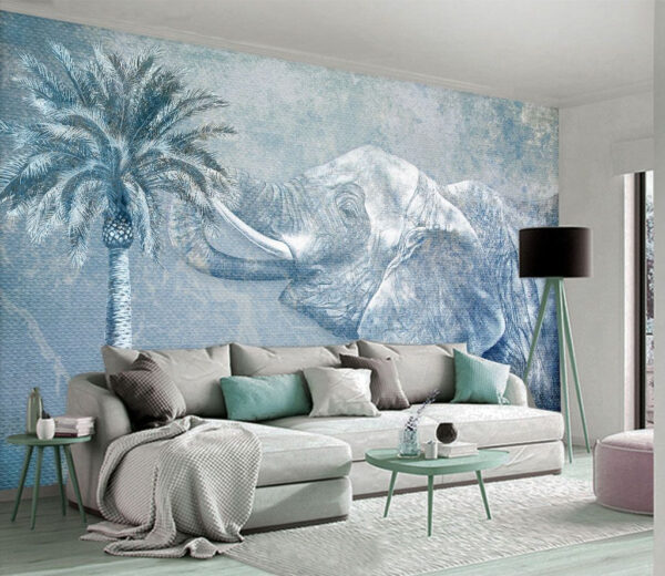 Een olifant met palmboom Fotobehang Een olifant met palmboom