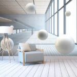 Fotobehang Witte bal op een houten vloer