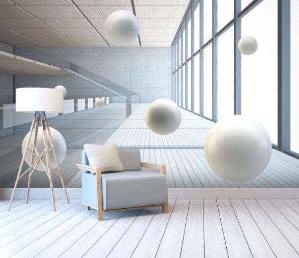 Witte bal op een houten vloer Fotobehang Witte bal op een houten vloer