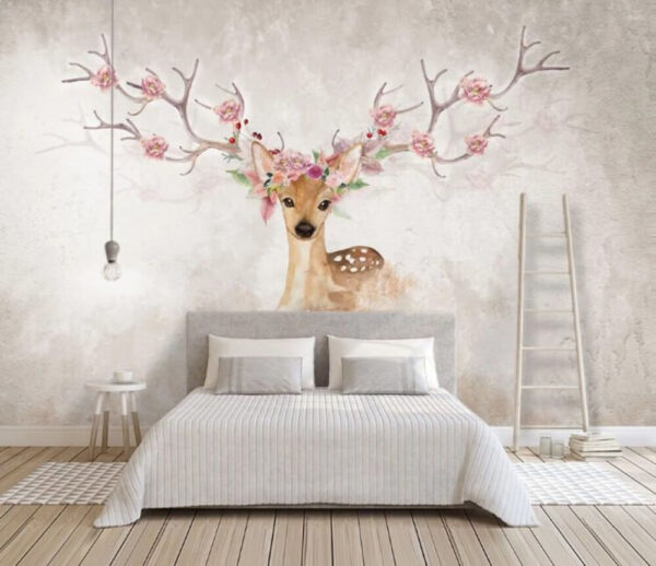 Aquarel van een hert met bloemen op zijn hoofd Fotobehang Aquarel van een hert met bloemen op zijn hoofd