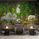 Fotobehang Groep witte eenhoorns in een rivier