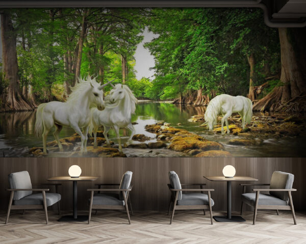 Groep witte eenhoorns in een rivier Fotobehang Groep witte eenhoorns in een rivier