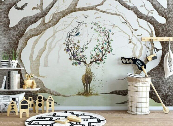 Fotobehang Schilderij van een hert met takken erop