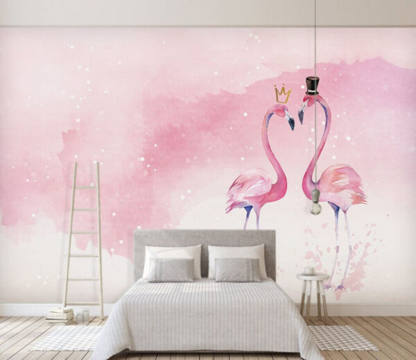 Twee flamingo's met kroon en kroontje op hun hoofd Fotobehang Twee flamingo's met kroon en kroontje op hun hoofd