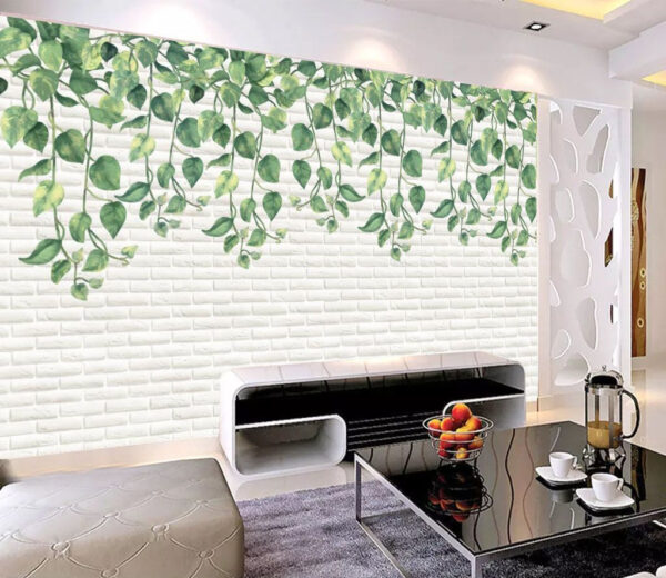 Witte bakstenen muur met groene bladeren Fotobehang Witte bakstenen muur met groene bladeren