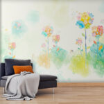Fotobehang Aquarel van bloemen en konijnen