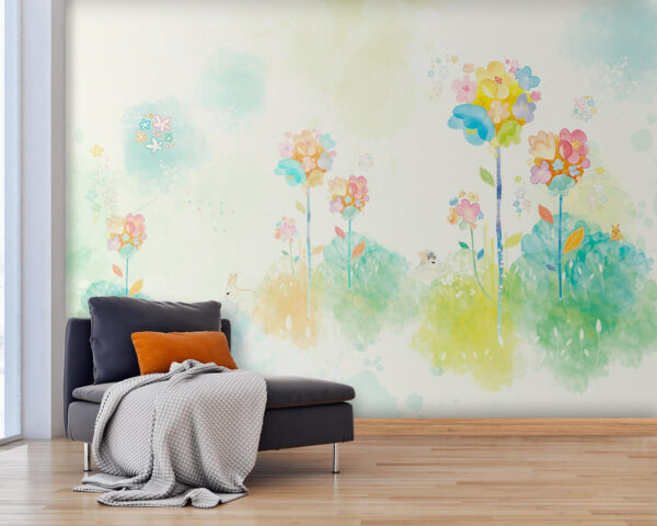 Aquarel van bloemen en konijnen Fotobehang Aquarel van bloemen en konijnen