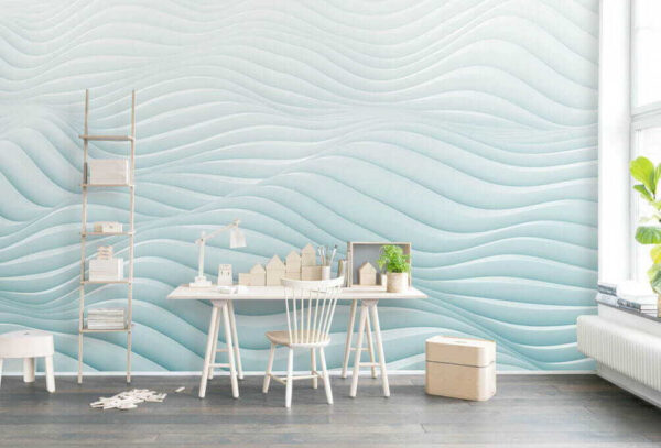 Fotobehang Wit en blauw golvend patroon