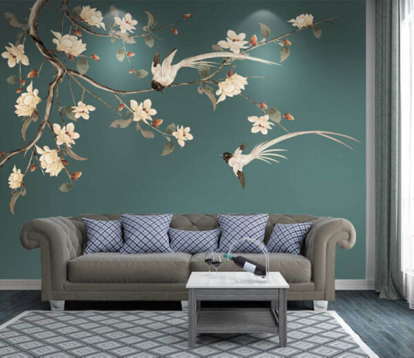 Fotobehang Vogel op een tak met bloemen