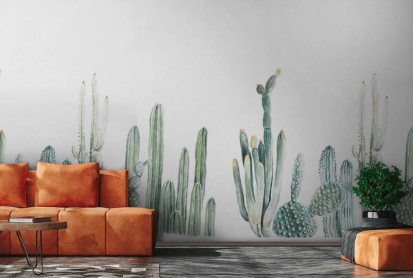 Aquarel cactussen in rijen Fotobehang Aquarel cactussen in rijen