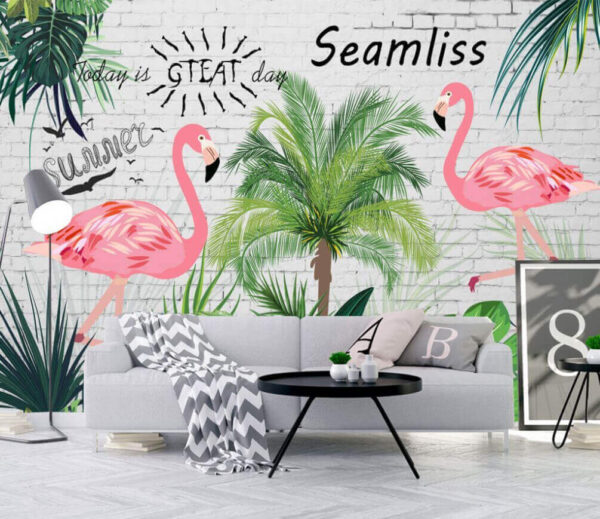 Muur met flamingo's en palmbomen Fotobehang Muur met flamingo's en palmbomen