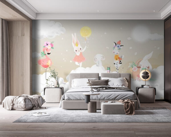 Groep dieren op wolken Fotobehang Groep dieren op wolken