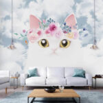 Fotobehang Witte kat met bloemenkroon, lucht