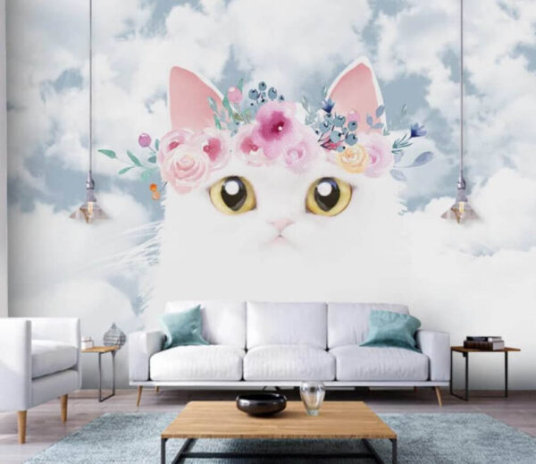 Witte kat met bloemenkroon, lucht Fotobehang Witte kat met bloemenkroon, lucht