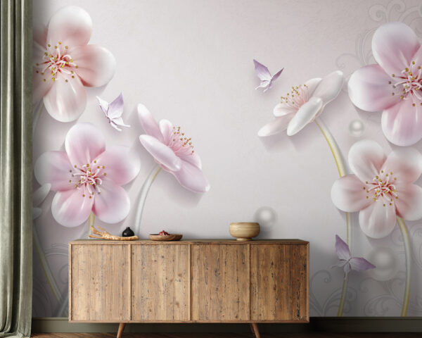 Behang met bloemen en vlinders Fotobehang Behang met bloemen en vlinders