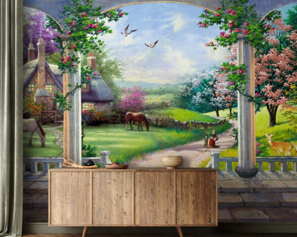 Schilderij van een landschap met een paard en een huis Fotobehang Schilderij van een landschap met een paard en een huis