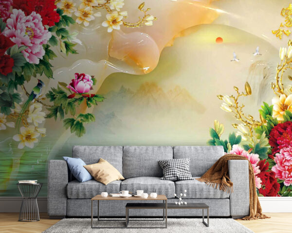 Schilderij van bloemen en zwanen Fotobehang Schilderij van bloemen en zwanen