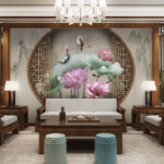 Fotobehang Behang met roze bloemen en bladeren