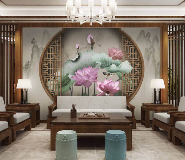 Behang met roze bloemen en bladeren Fotobehang Behang met roze bloemen en bladeren