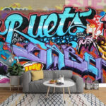 Fotobehang Stedelijke graffitikunst in levendige kleuren.